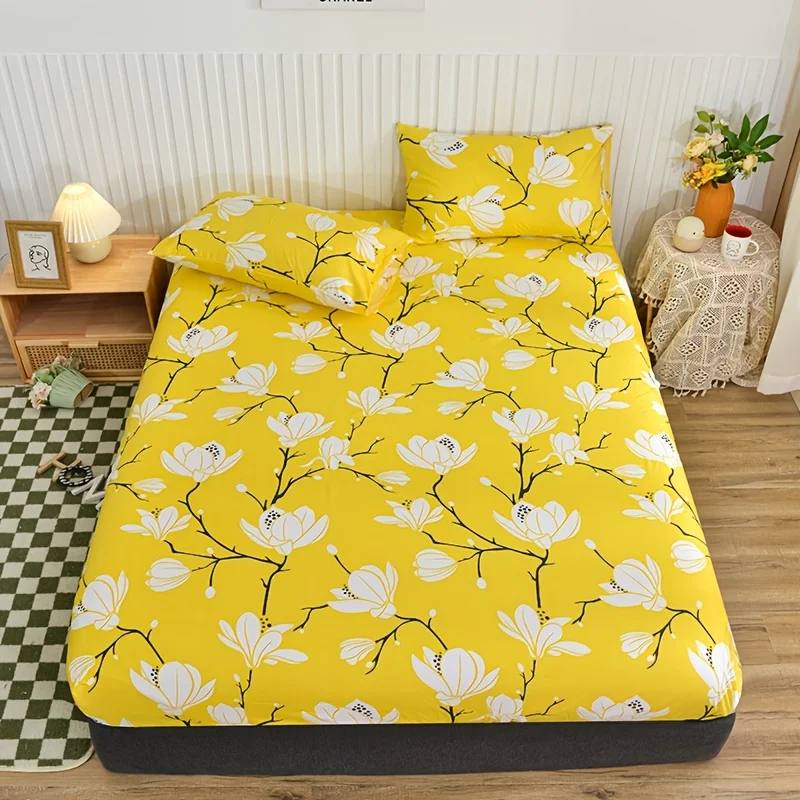 3pcs Fitted Sheet Set, Yellow Flora Pattern Printed Bedding Set, Soft Comfortable Breathable Fitted Sheet For Bedroom, Guest Roo