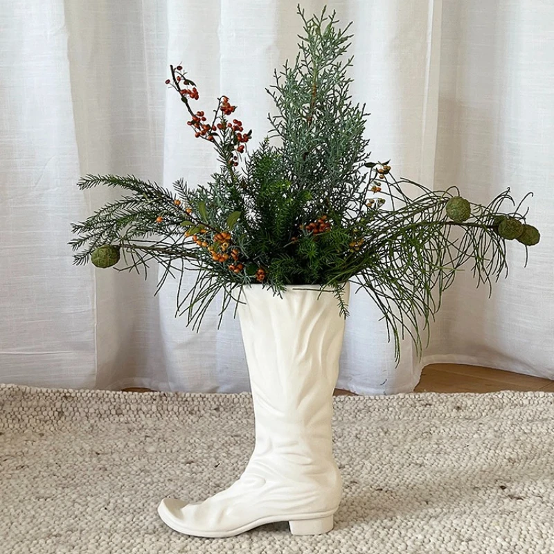 Creative Ceramic Vase,White Boot-Shaped Arrangement Decor,Unique Home Living Room Decoration,Novelty Housewarming Gift