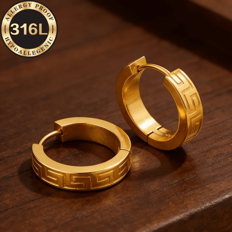 Stainless steel hypoallergenic Golden earrings, square flat Great Wall pattern, plated with 18K gold, back