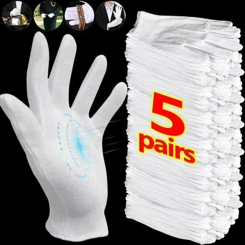 Guantes de trabajo blancos de algodón para manos secas, guantes de SPA de película, herramientas de limpieza del hogar de alto estiramiento, mitones, 1/5 pares