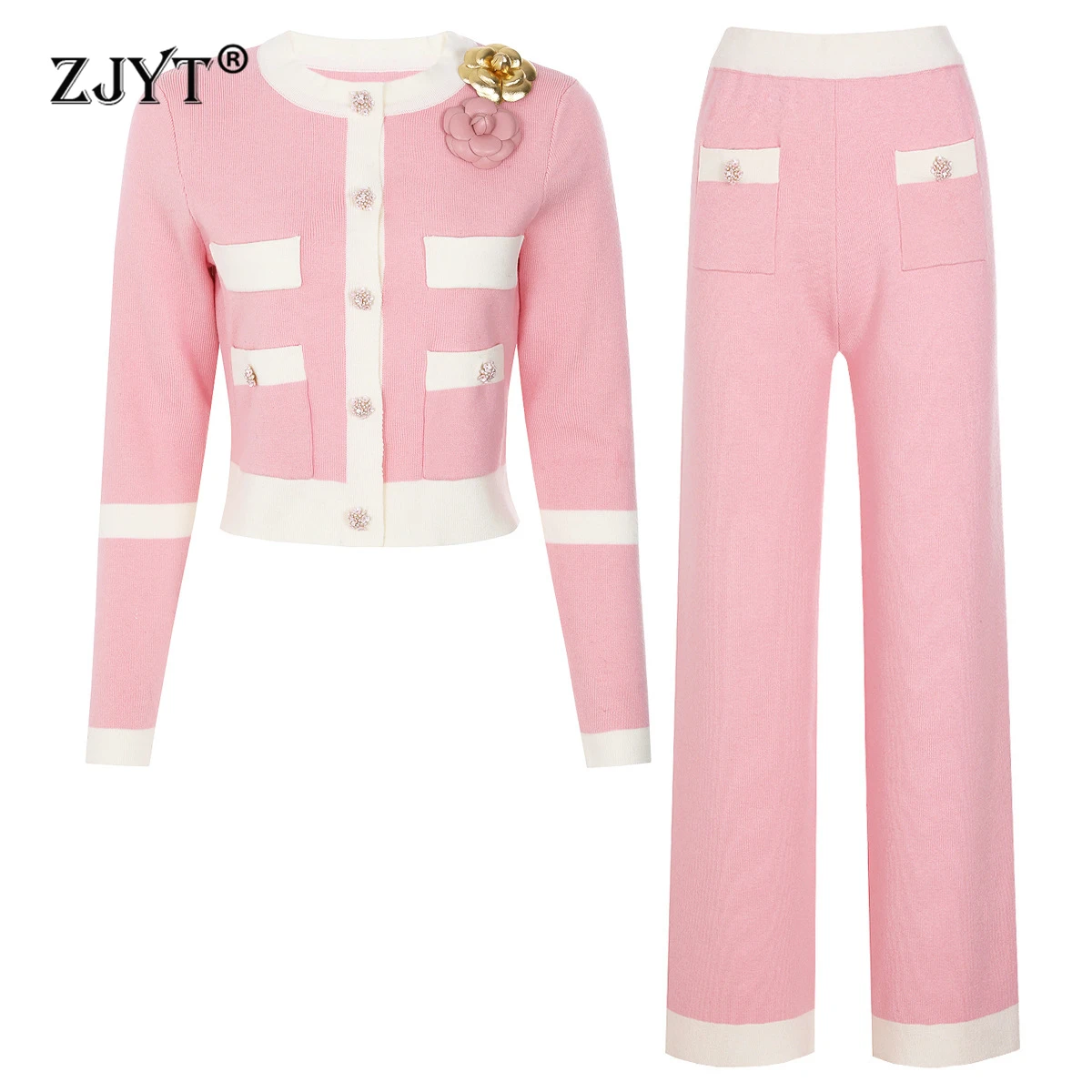 

ZJYT Autumn Winter Long Sleeve Hit Color Cardigans Knitted Sweaters Top and Wide Leg Pants Casual Pink Outfit 2025 Fashion