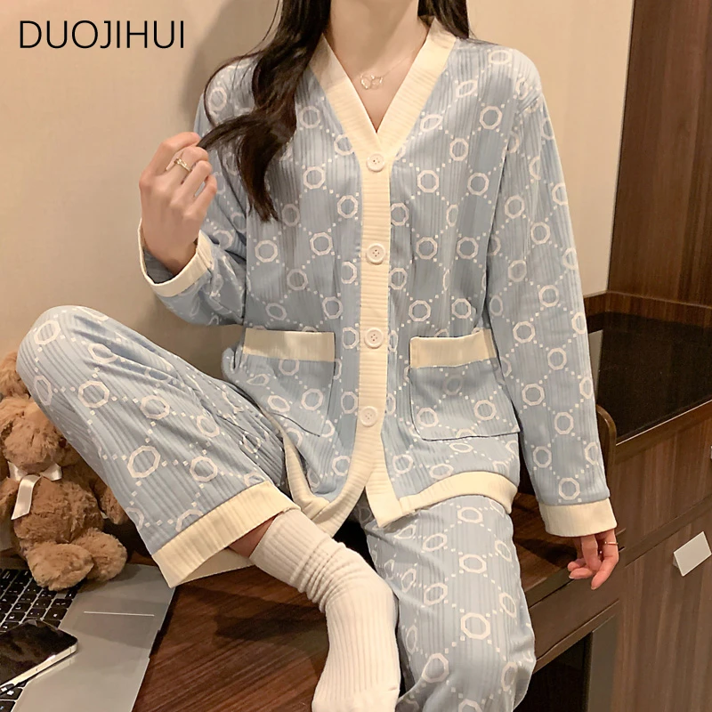 DUOJIHUI Two Piece Chicly Contrast Color Home Pajamas for Women New Basic V-neck Cardigan Simple Pant Fashion Female Pajamas Set