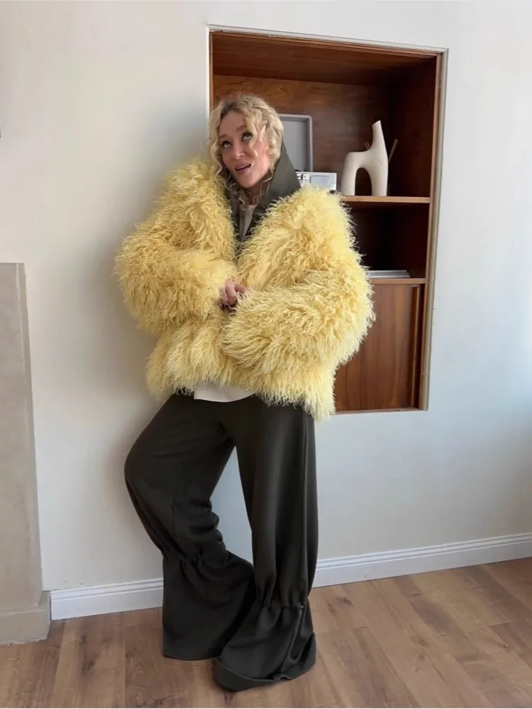 المتضخم النساء الشتاء ايكو الفراء سترة الشعر الطويل الصلبة التلبيب طوق الفراء الاصطناعي سترة للإناث مترهل الدافئة معطف الفرو سيدة #2