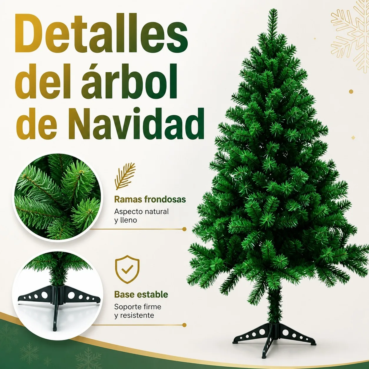Albero di Natale artificiale in PVC verde, con base stabile, ideale come elemento decorativo per soggiorni e feste. Disponibile in diverse altezze: 1,5 m, 1,8 m e 2,1 m, perfetto per decorare la casa