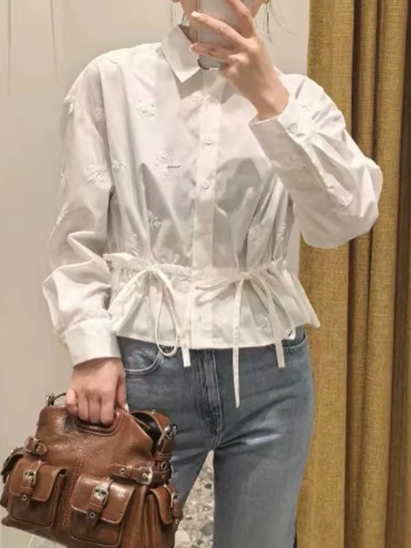 

M Home Quali Spring Simple White iny Embroidered Flower Collar irt Top plus f Skirt Set Women's Faion Cotton Blouse