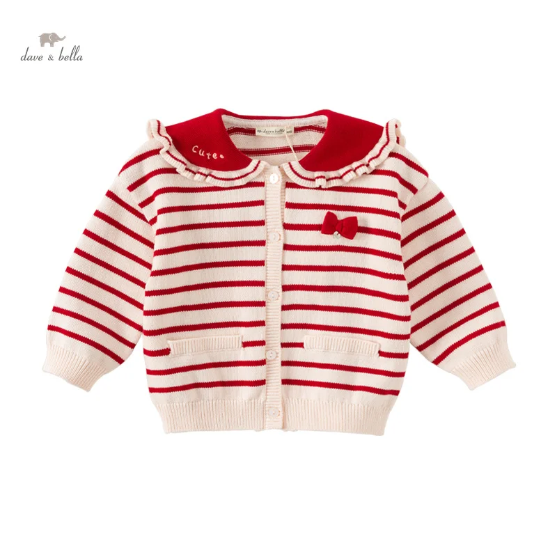 Dave Bella Children\'s Girls 2024 New Autumn Fashion Casual Classy Sweet Cardigan Red Striped Knit Overcoat Tops Cotton DB3242509