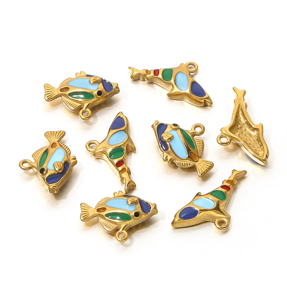 

3PCS Stainless Steel Fish Charm Enamel Gold-Plated DIY Necklace Bracelet Earrings Jewelry Making Materials Accessories Wholesale