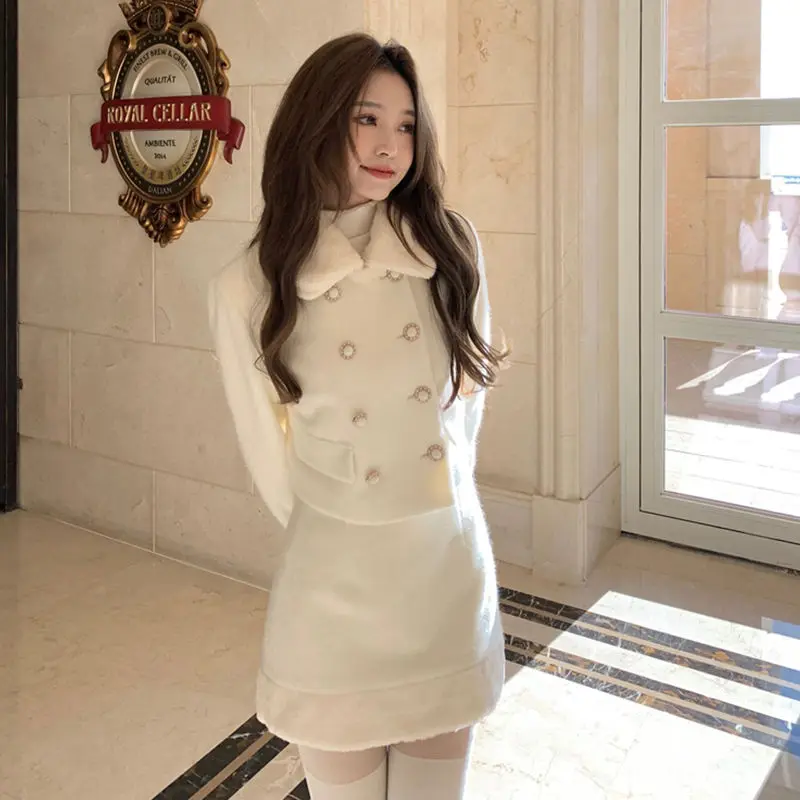 Korea Women Skirt Suit Two-Piece Set Cashmere Tweed Plush Splicing Long Sleeve Short Blazer Coat Elegant High Waist Half Skirt