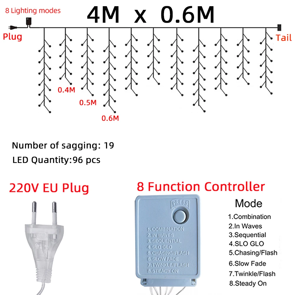 Christmas Decoration LED Lights Outdoor Droop 0.4-0.6m Led Curtain Icicle String Lights Garden Street Eaves Garland Fairy Light