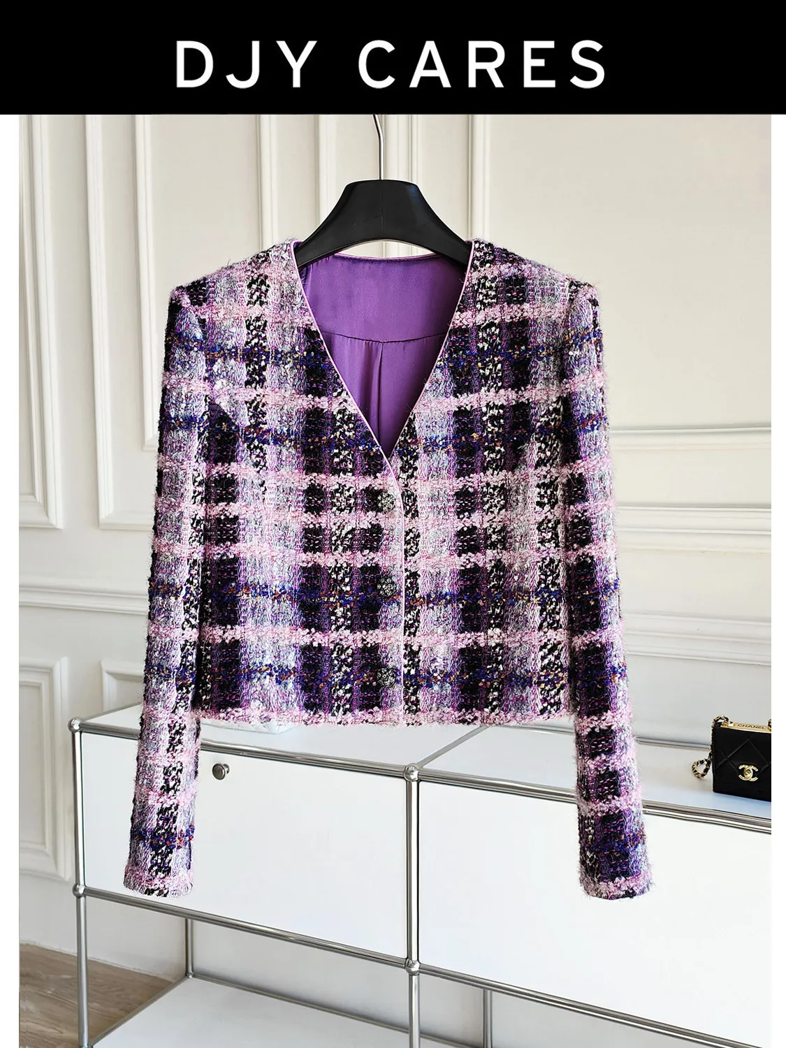 New Elegant temperament plaid V-neck short purple woolen jacket top big size