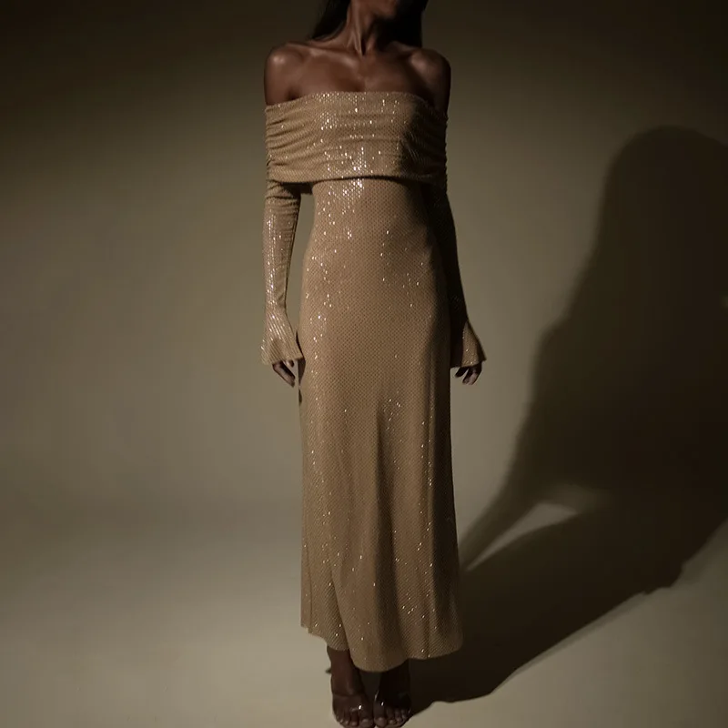 Women's Elegant Champagne Sequin Dress Off-Shoulder Long Sleeve Maxi Dress Party Cocktail Wear Vestidos