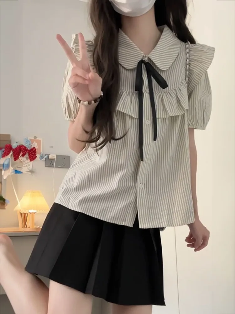 

Preppy Style Peter Pan Collar Ruffles Puff Sleeve Shirts Women+ High Waist Ruched Skirts 2025 Summer New Two Piece Sets