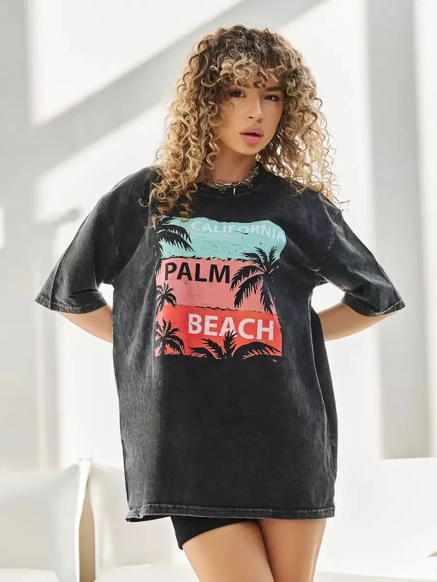 

Women's Washed Black Vintage Cotton High Quality Short Sleeve T-shirts Loose Fit Crewneck American California Print Oversized