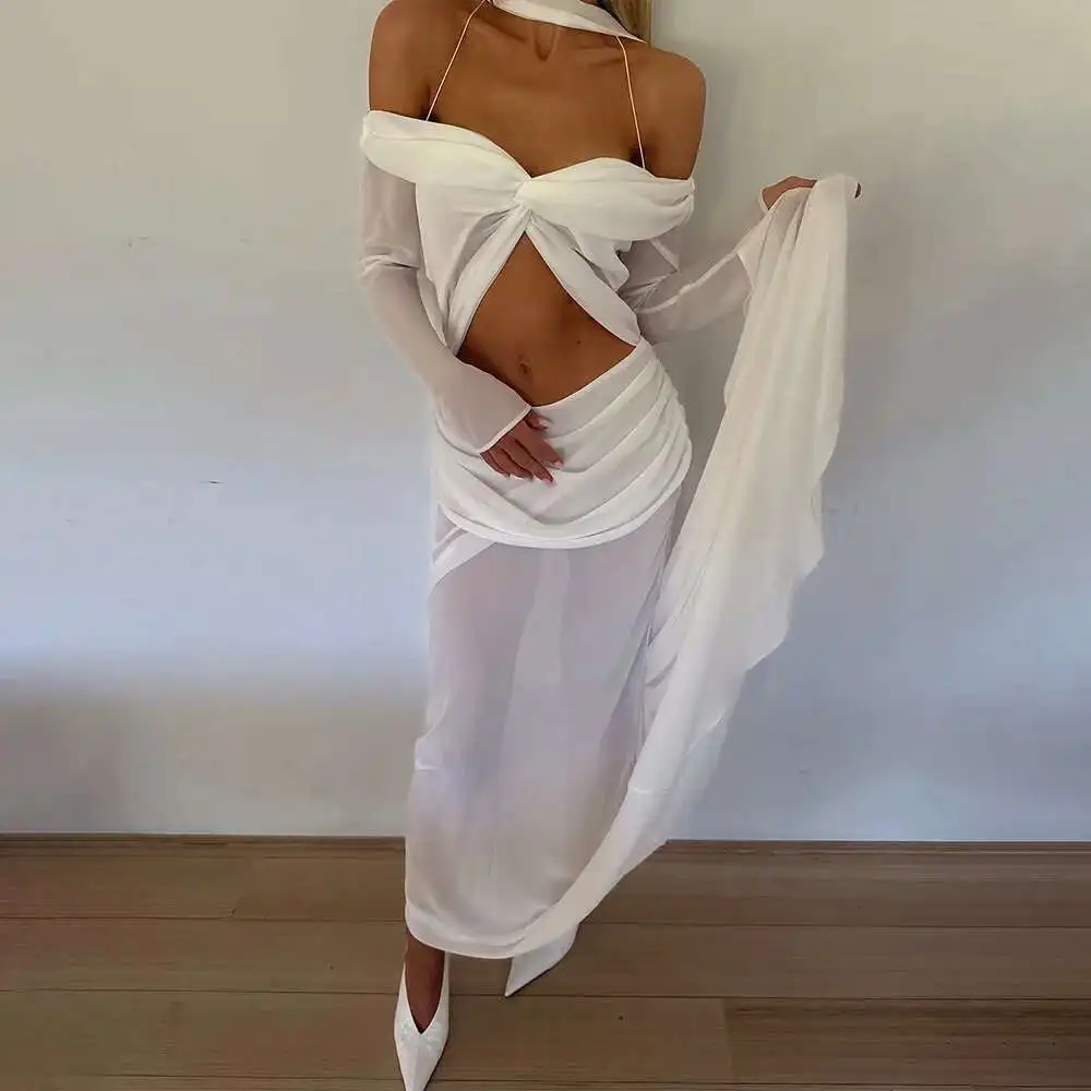 

2025 Summer New Hot-selling Twist Knot Off-shoulder Chiffon Long Dress Sexy Crop Top Ruched Dress Dress Robe Vestido Women Party
