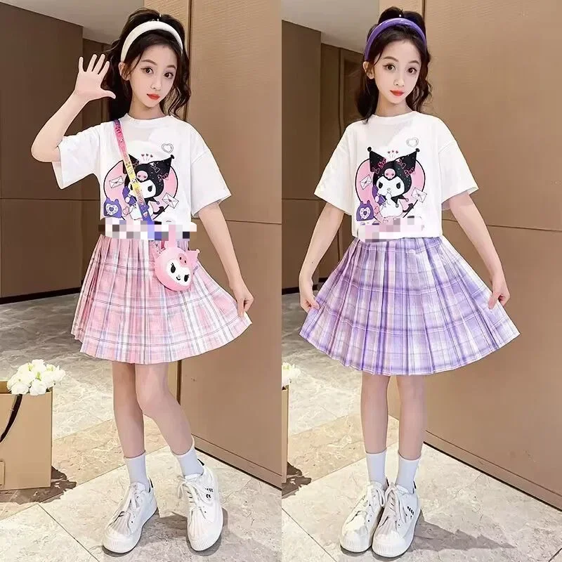 

Sanrio Kuromi Short-Sleeved T-Shirt Pleated Skirt Set New Girls Cartoon Spring and Summer T-Shirt Top Skirt Two-Piece Gift Set