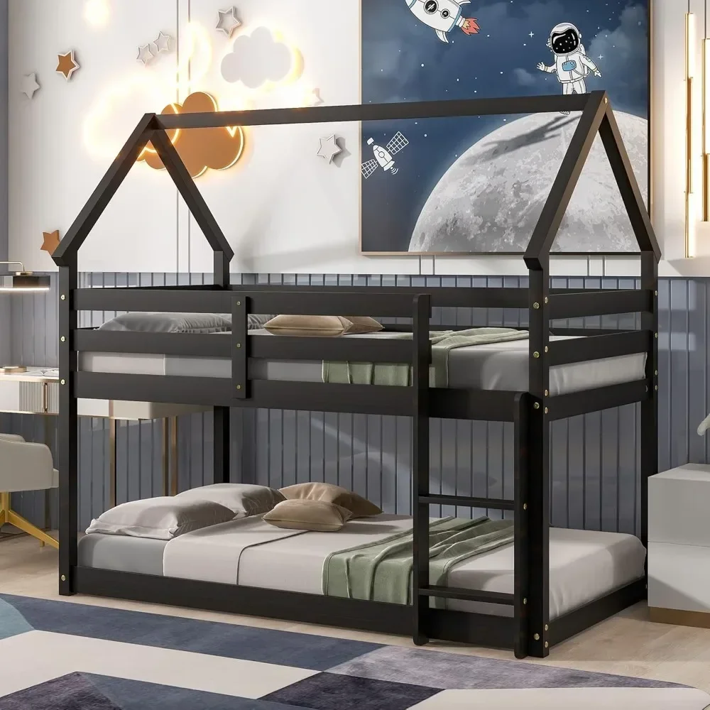 Twin Over Twin House Bunk Bed with Ladder and Saftey Guardrails for Teens, Solid Wood House Shape Floor Twin Bunk Beds Frame