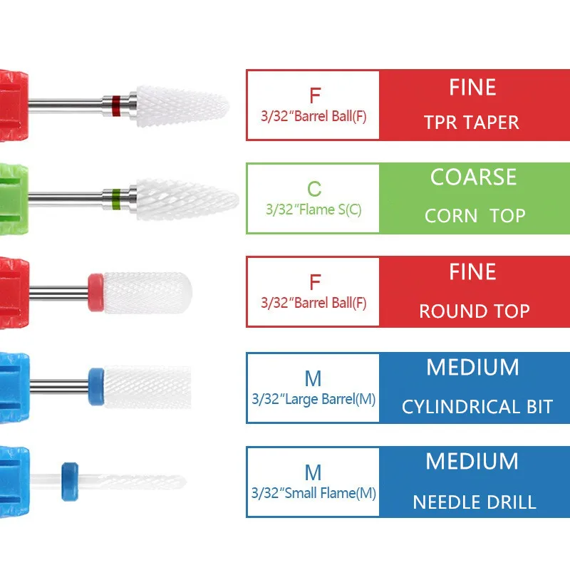 기계 밀링 커터용 세라믹 네일 드릴 비트 세트, 네일 버 페디큐어 액세서리 도구, 젤 연마 도구 제거, 5 개