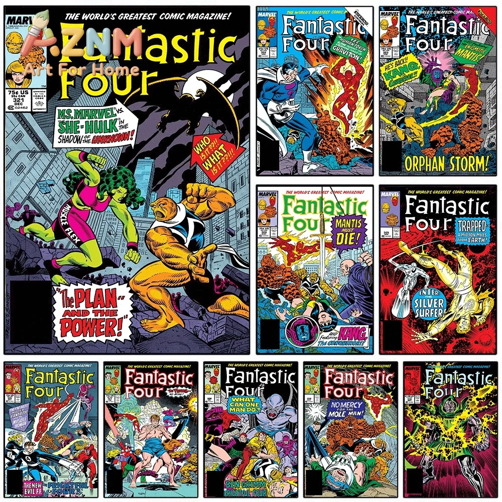 AZNM Fantastic Four The Plan And The Power Vintage Comic Cover Collage Canvas Wall Art Unframed Print, Superhero Poster for Be