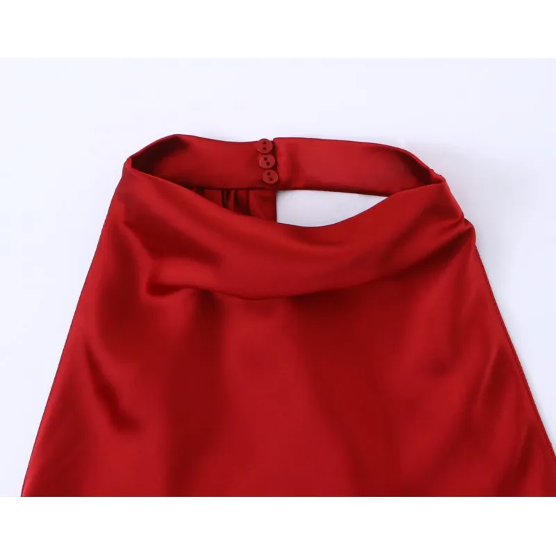 ربيع الخريف المرأة فستان طويل الساتان الرسن مثير عارية الذراعين الرسن الرقبة المرأة ميدي فستان أنيق الجانب البريدي الإناث فستان أنيق