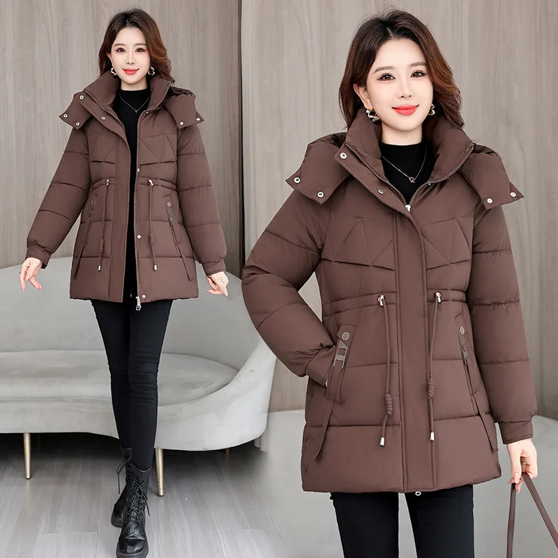 Women Mid-Length Puffer Coat Stand Collar Quilted Padded Jacket Drawstring Waist Thickened Thermal Windproof Winter Outerwear