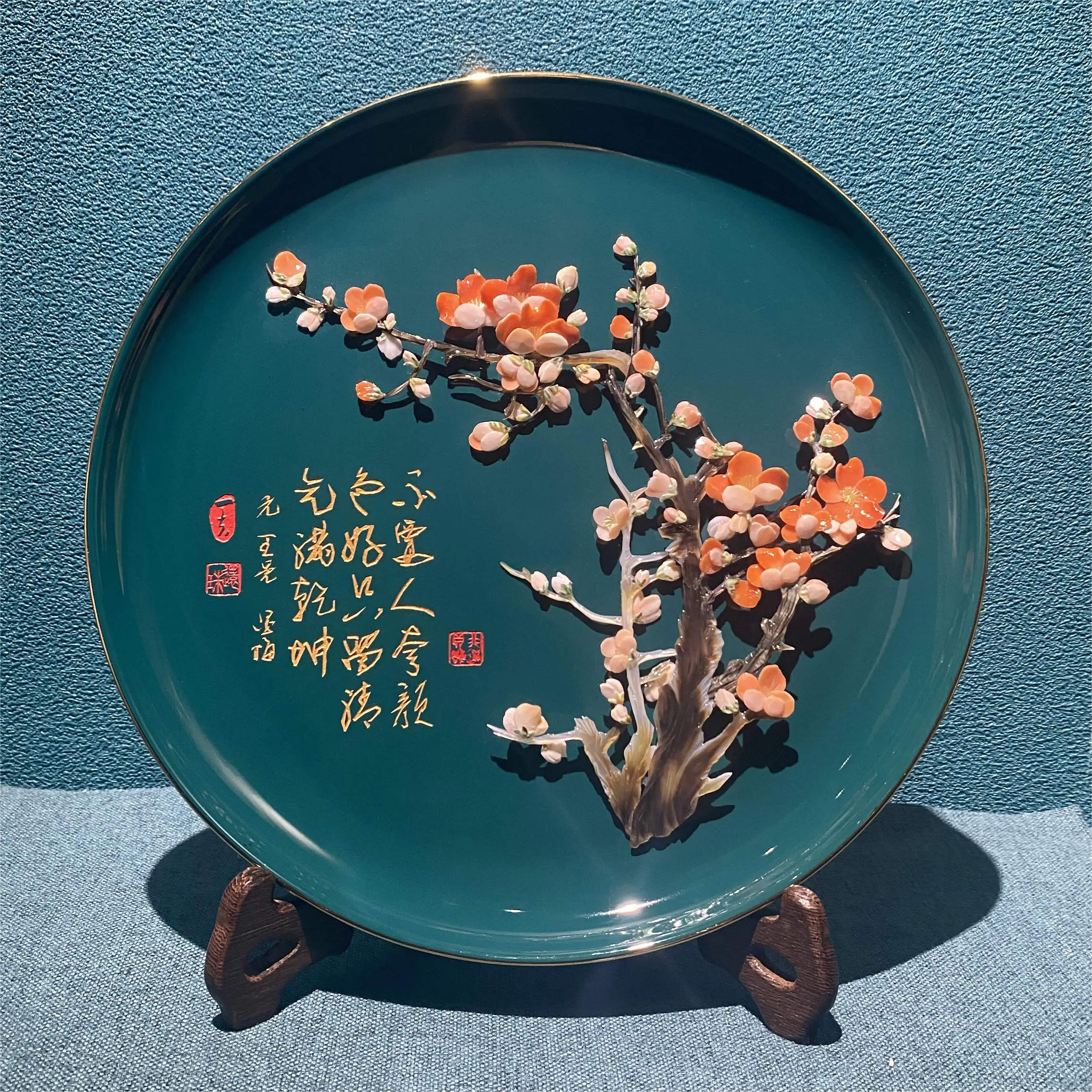 100% Handmade Natural Shell Carved Porcelain Plate, New Chinese Home Ornament for Living Room Study, Unique Shell Craft Present
