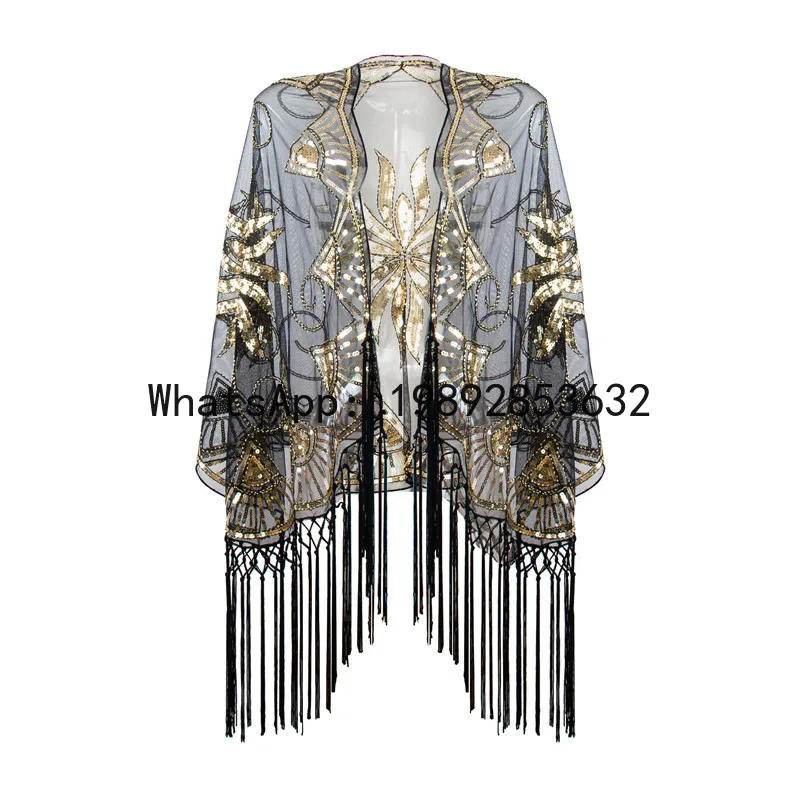 

Vintage sequin tassel dress with mesh shawl for parties, banquets, and evening events