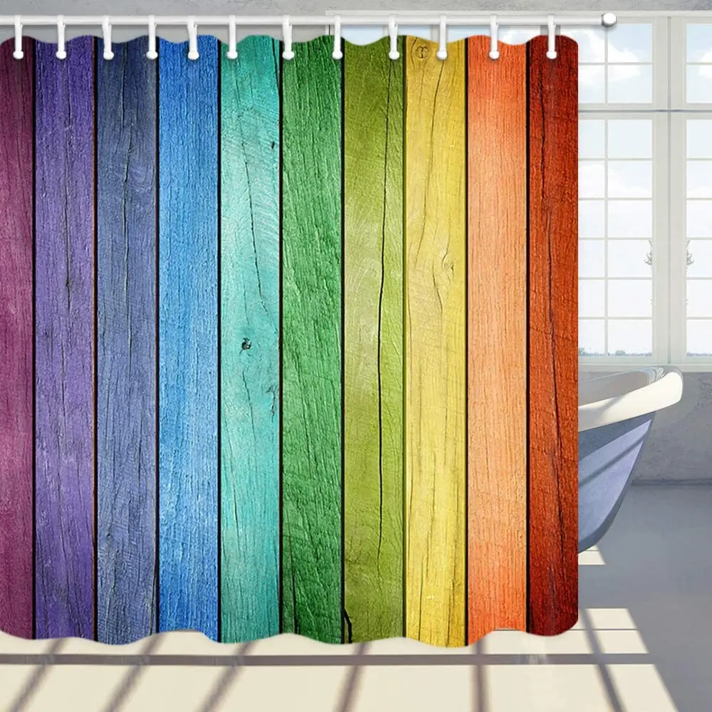 Rustic Decor Shower Curtain Modern Simple Color Colorful Wooden Board Bathroom Polyester Fabric Bath Curtains with Hooks