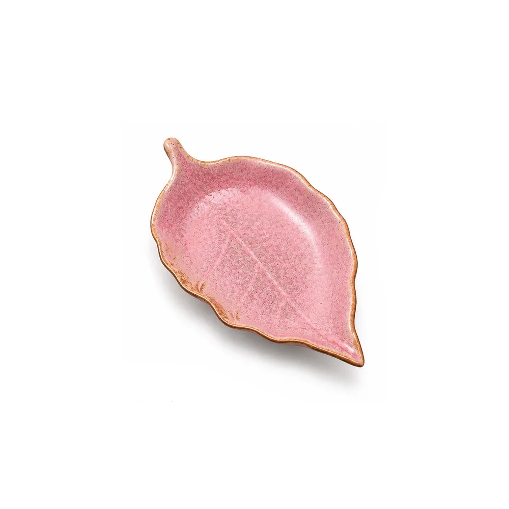 Ceramic Jewelry Dish Maple Leaf Shape Raised Edges Trinket Tray Glazed Finish Embossed Leaf Veins Ceramic Jewelry Tray