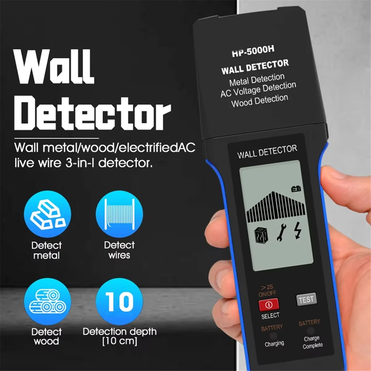 ABGI-HP-5000H เครื่องตรวจจับผนัง, ได้รับการรับรอง CE สแกนลึก 10 ซม., โลหะ/ไม้และตัวค้นหาสายไฟสดพร้อมระบบปิดอัตโนมัติ