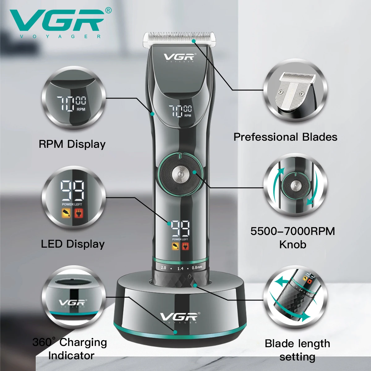 VGR 15 Motor Speed Adjustable Hair Trimmer Beard Hair Clipper Electric Barber Haitcut Machine Professional Trimer for Men V-256