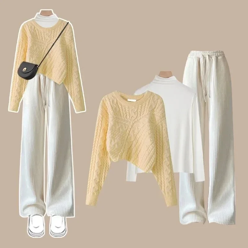 

Autumn Winter New Women's Matching Set Irregular Knitted Sweater+Bottom Shirt+Wide Leg Pants 1 or 3-Piece Suit Tops Pants Outfit