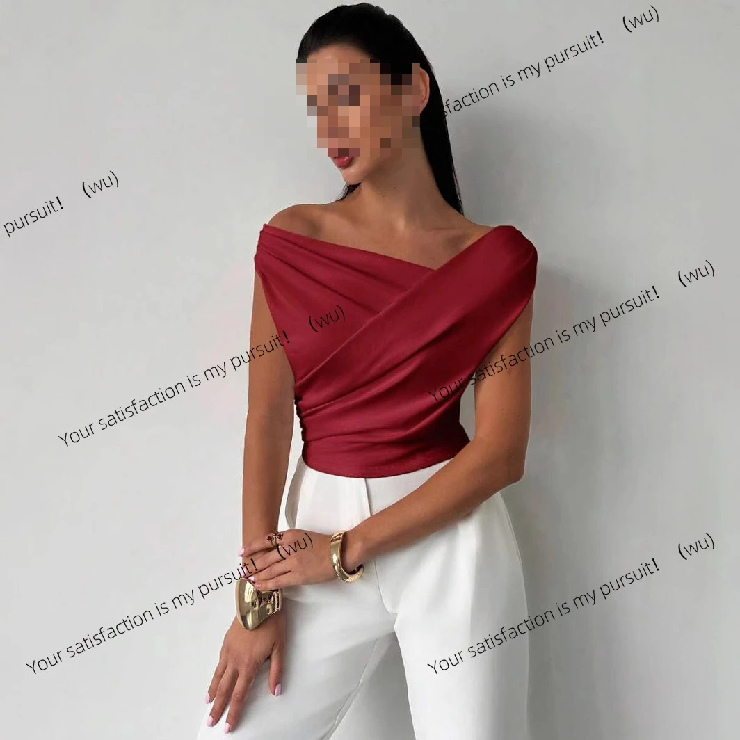 Solid color sleeveless T-shirt women's simple wind slanted shoulders slim and thin sleeveless short top