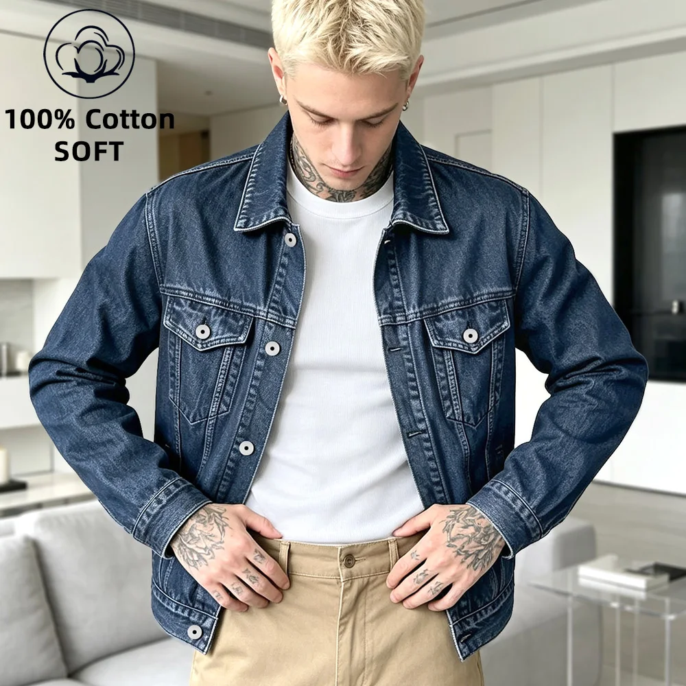 100% Baumwolle Jeansjacke Herren Damen, Vintage Blaue Denim Jacke mit Umlegekragen, Hautfreundlich Farb­echtes Material, Casual Alltagsjacke, Y2K Trucker Jeansjacke