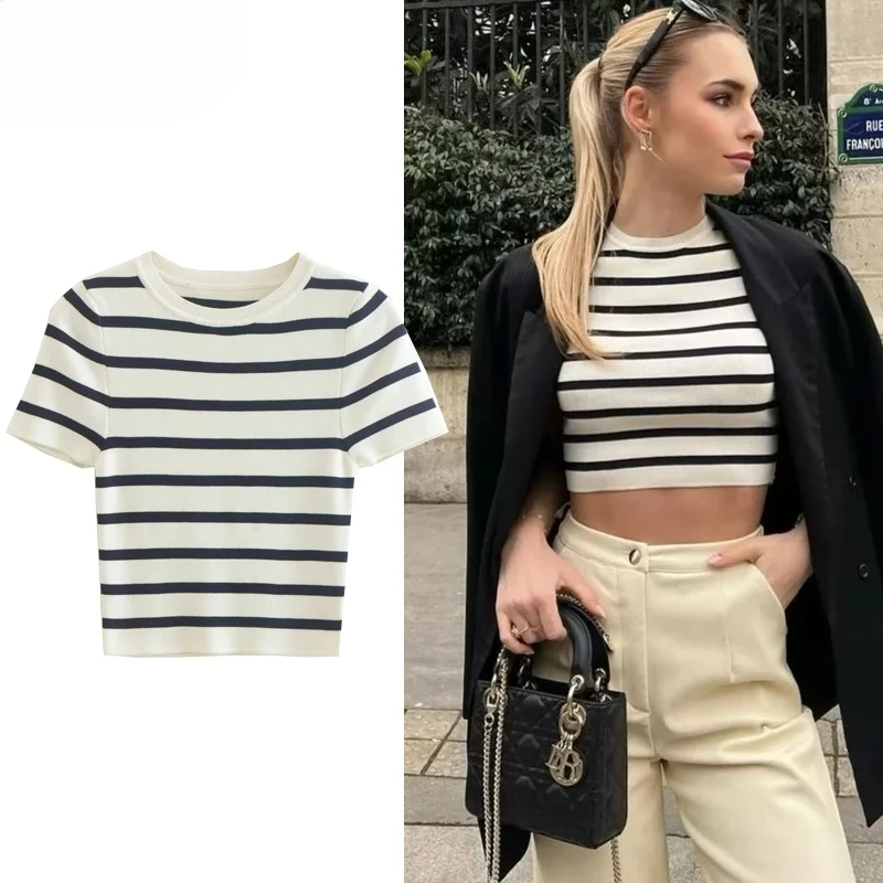 

Womens Sweaters Pullovers Crop Knit Sweater Women Autumn Short Sleeve Striped Tops Jumpers Round Neck Slim Short Sweaters