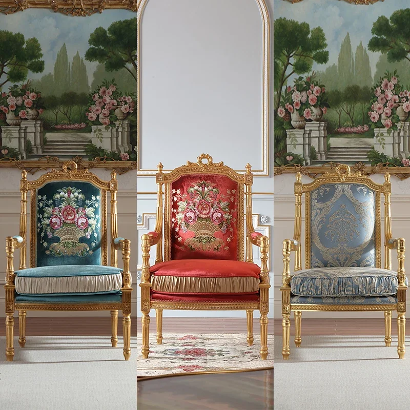 

Hot Sales For King Chair Hand Carved Design Gold Foil Painted Luxury Fabric Optional Arms Chair For King