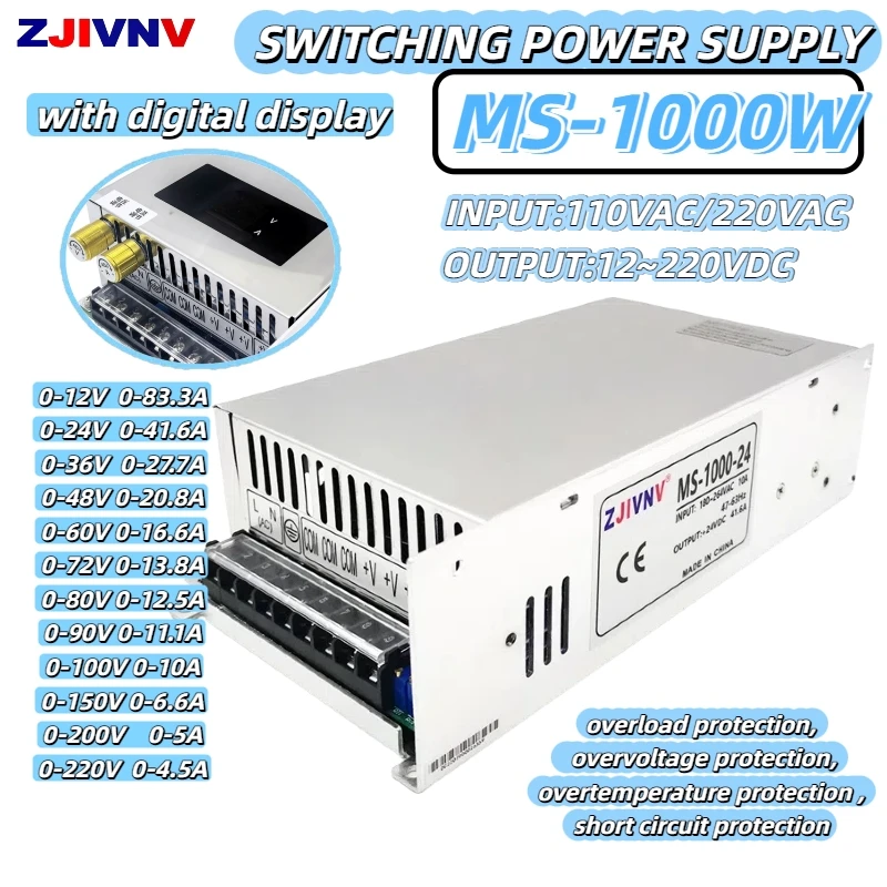 1000W Digital Display Switching Power Supply Adjustable Voltage and Current 12~220VDC AC/DC Converter SMPS LED Driver MS-1000