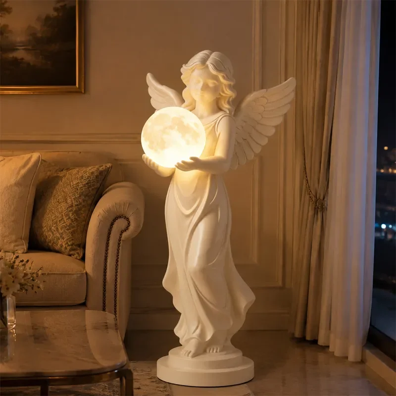 Nordic Retro Angel Moon Lamp Floor Ornament French Art Home Sculpture Gentle Night Light Housewarming Gift