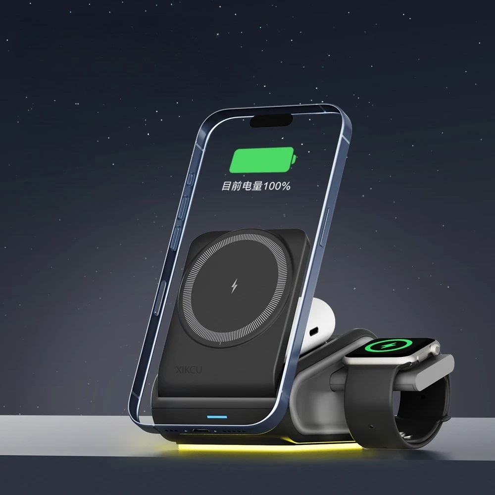 شاحن لاسلكي مغناطيسي 3 في 1 مع ضوء ليلي لهاتف iPhone 17-12 Apple Watch 11-2 Samsung Galaxy Watch 3-7 Airpods 4 Pro #2