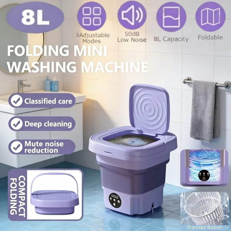 

Portable Foldable Mini Washing Machine for Babies And Children Socks Underwear 8L Small Automatic Modes Laundry Clothes Bucket