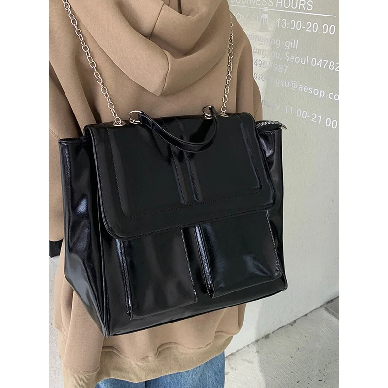 Women Pu Leather Chain Shoulder Bag Large Capacity High End Textured Work Tote Bag Students Casual Vintage Flap Black Backpack