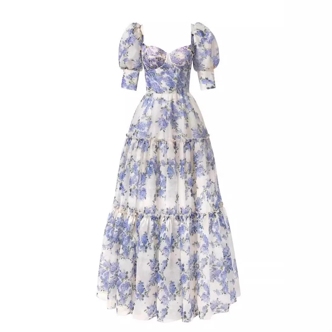 3D Single Gown Mid Waist Commute Style with Printed Strapless Square Neck Puff Sleeve 3D Effect Pattern Spring for Women