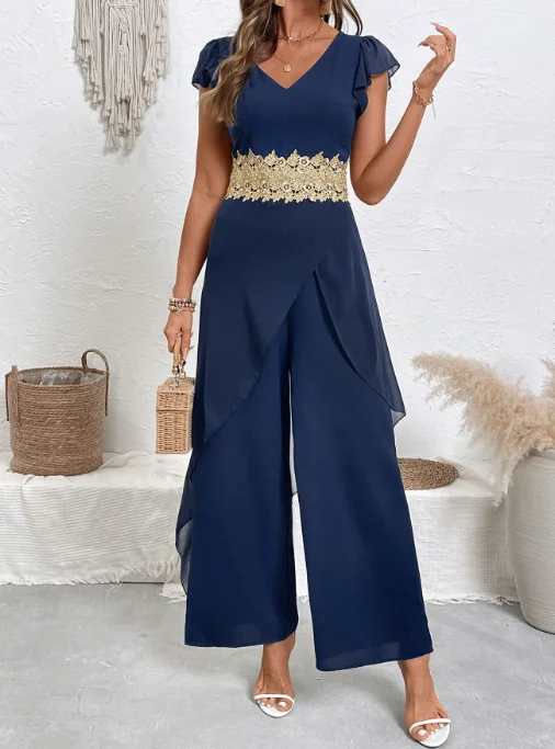 

2025 New Summer Casual Simple and Elegant Lace Patchwork V-Neck Jumpsuit
