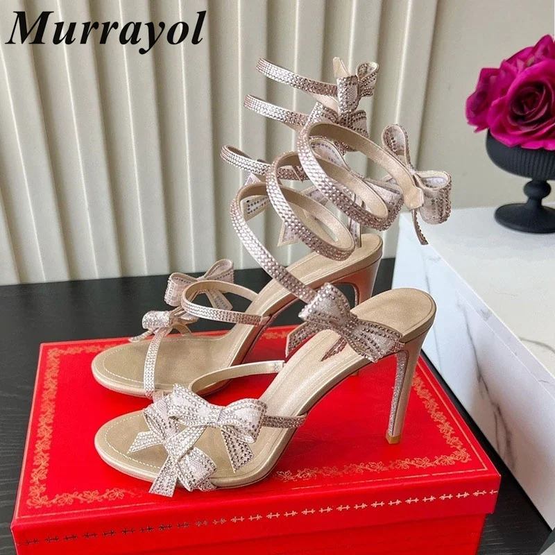 2026 Summer mixed color rhinestone bow decoration high-heeled sandals for women snake shaped wrapped sandals banquet dress shoes