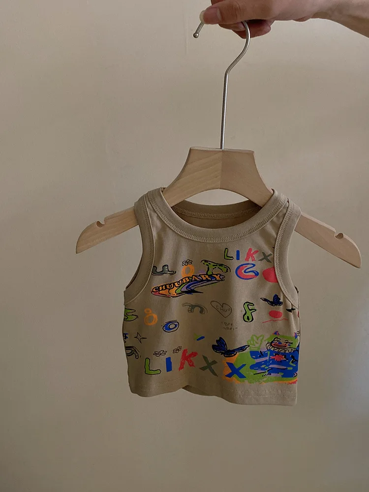 Little Girl Cute Cartoon Graffiti Vest2024Summer New Design Sense Lace Casual Pants Two-Piece Set