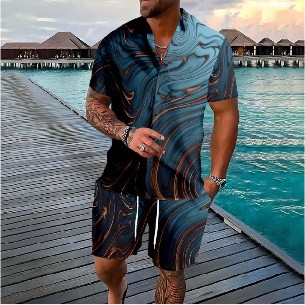 Fluid Art 3D Print Men Shirt Sets Fashion Short Sleeve Shirt Oversized Casual Beach Shorts Streetwear Hawaiian Suits Clothes