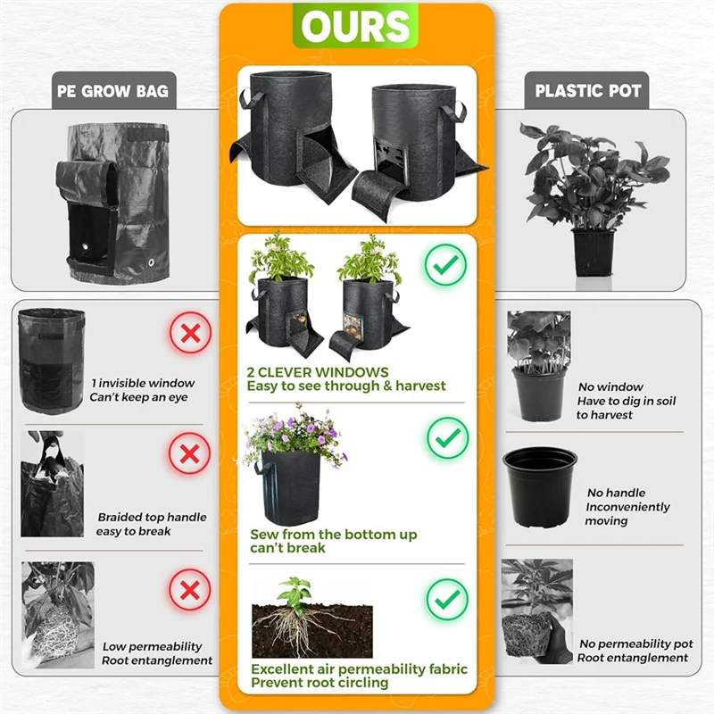 ABFS 4Pcs 15 Gallon Potato Grow Bags With Unique Harvest Window & Visible Window, Non-Woven Planter Pot With Sturdy Handle