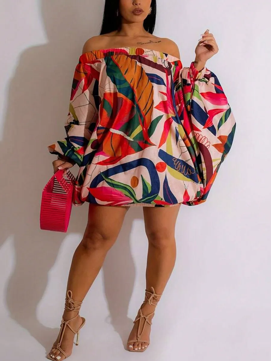 

Мини-платье с открытыми плечами и принтом, с рукавами-фонариками, свободного кроя для пляжного отдыха