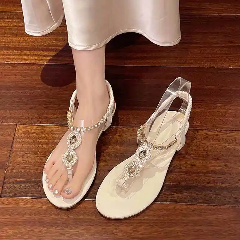 Beach Sandals Women's Summer Outdoor Wear Rhinestone Flat Bottom Roman Style Fashion Fairy Wind Skirt Matching Sandals
