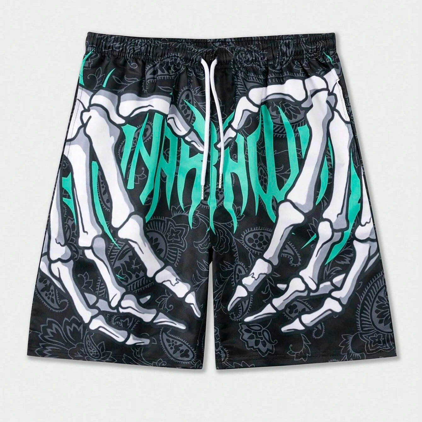 2024 Summer Trend Hip Hop Shorts Stylish Skull Hand Graphic Print Drawstring Shorts Oversized Casual Loose Men\'s Beach Shorts