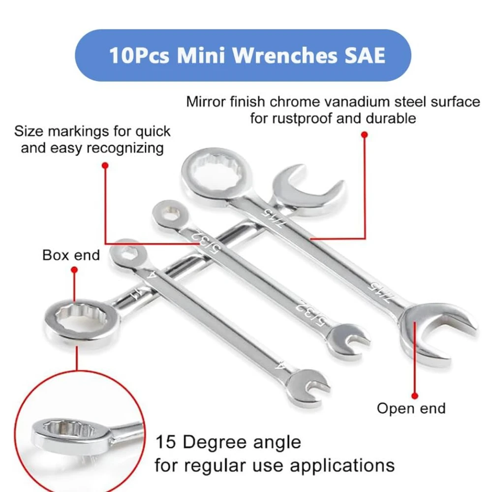 10Pcs SAE Mini Double Open End Wrench Set, Ratcheting Wrench Set Small Combination Wrench Sets 5/32\